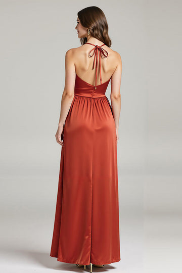 Burunt Orange Spaghetti Straps Robe longue formelle froncée avec fente